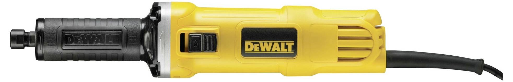 Žluté elektrické nářadí značky DeWalt s černou rukojetí, vhodné pro přesné práce a vybavené síťovým kabelem.