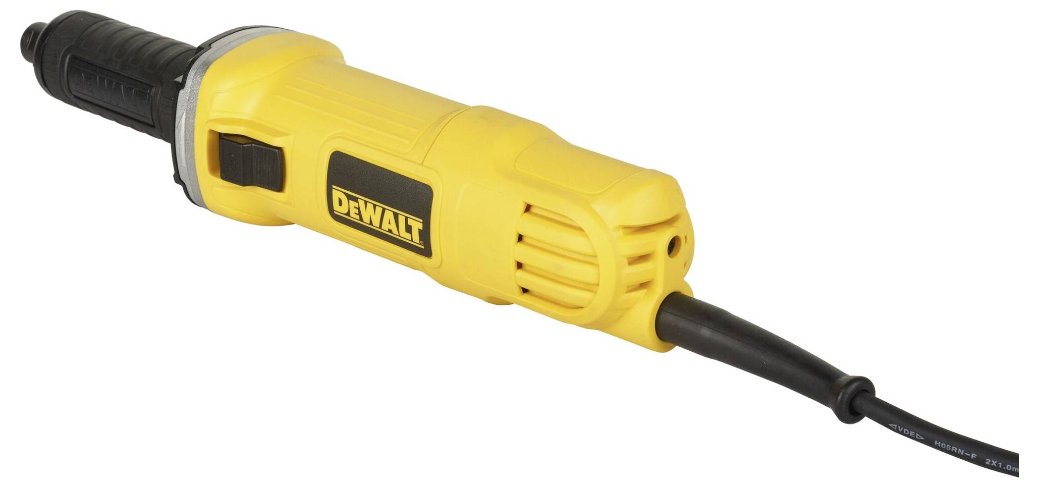 Elektrický žlutý ruční bruska s černým kabelem, označený nápisem 'DeWalt' na straně. Vhodný pro přesné brousicí práce.
