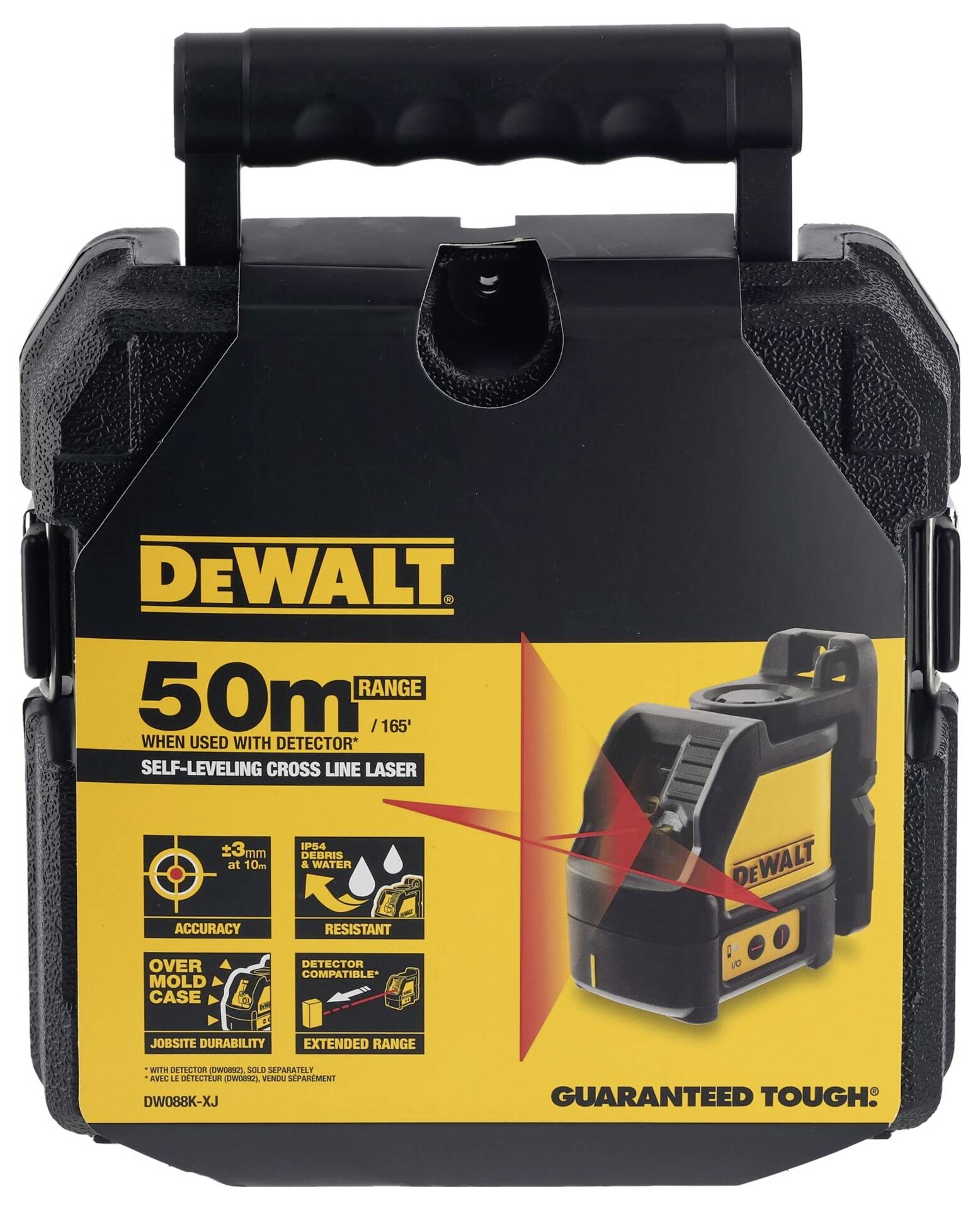 DeWALT 50m samonivelační křížový laser s plastovým kufříkem. Žluto-černý design, propagovaný díky své robustnosti a přesnosti.