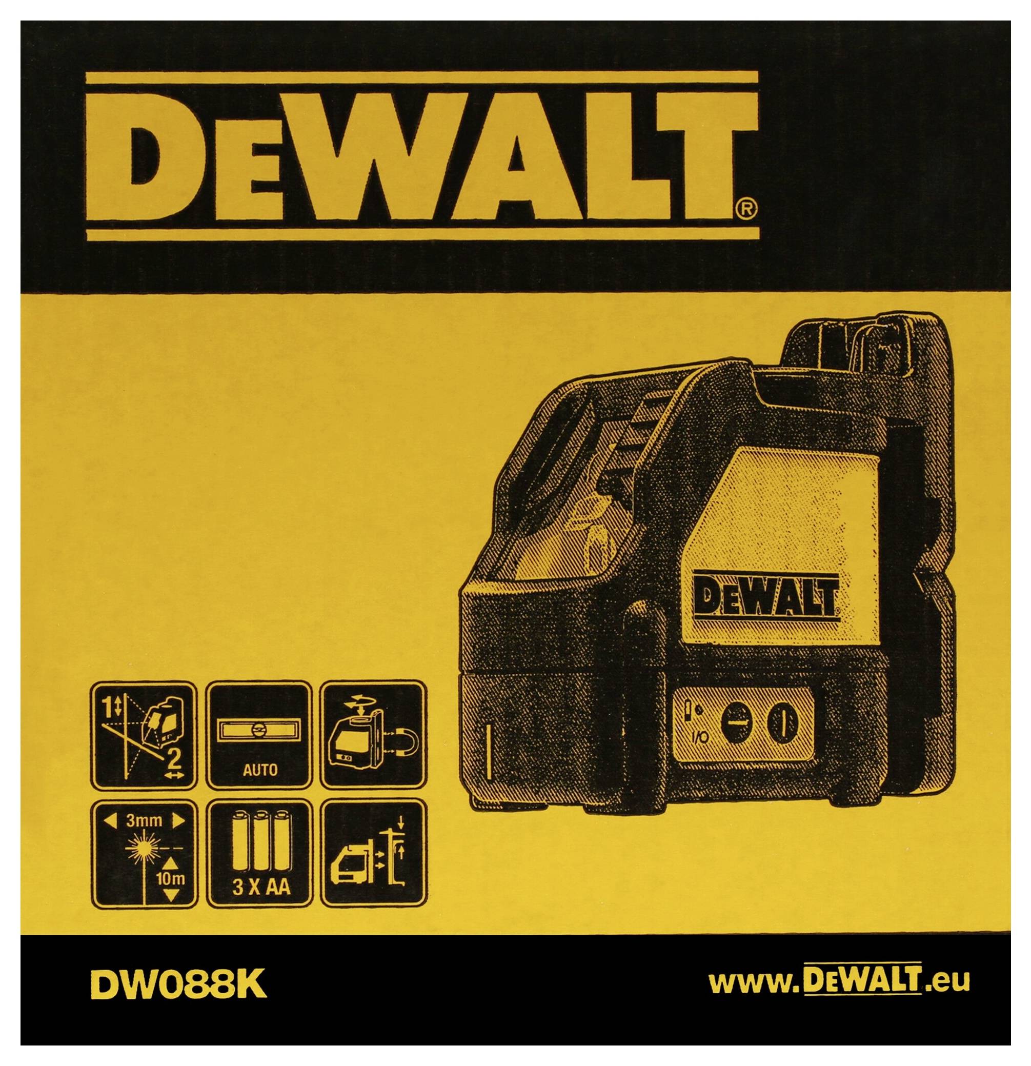 Laserový přístroj DeWALT DW088K zabalený v žluté krabici s černým textem, obsahuje symboly funkcí: samonivelace, 3x AA baterie.
