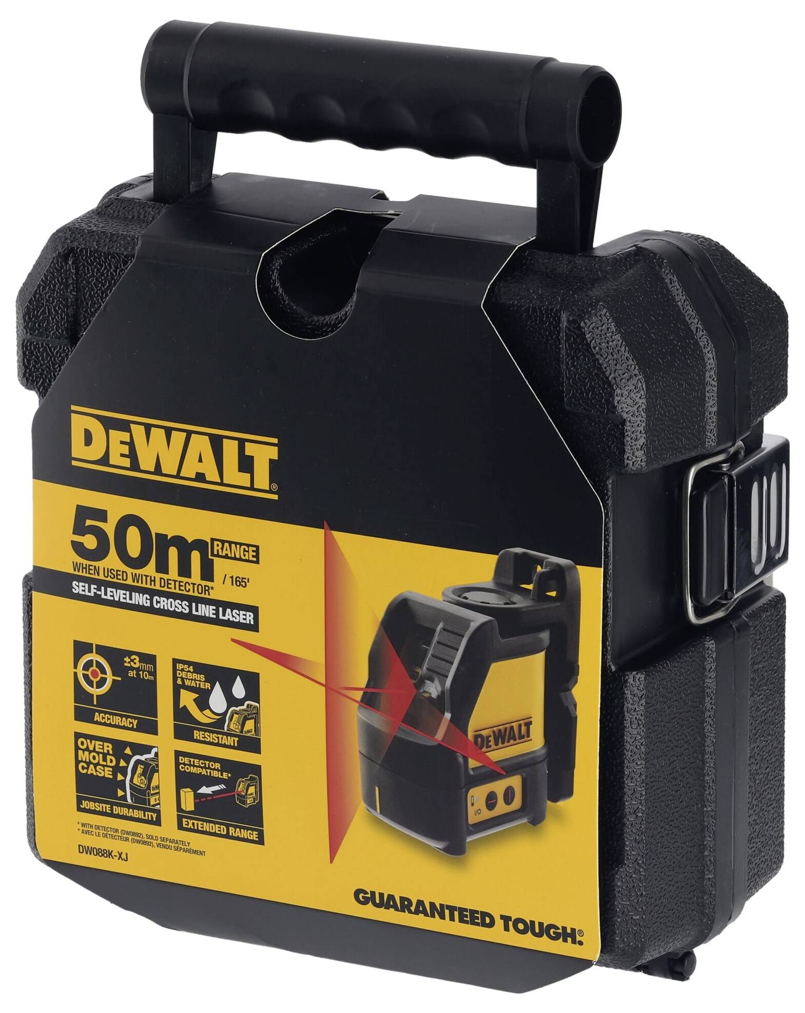 Laserový křížový samonivelační laser DEWALT 50m v černém tuhém plastovém pouzdře s rukojetí, technické údaje na obalu.