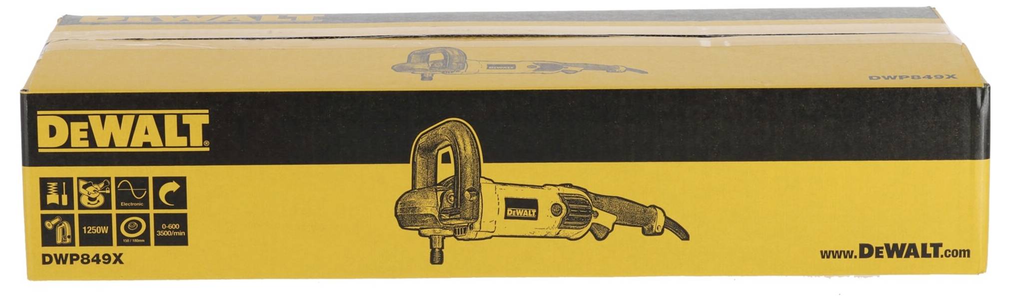 Balení leštičky DEWALT, model DWP849X, zobrazené na žlutém kartonu. Obsahuje technické ikony a vyobrazení produktu.