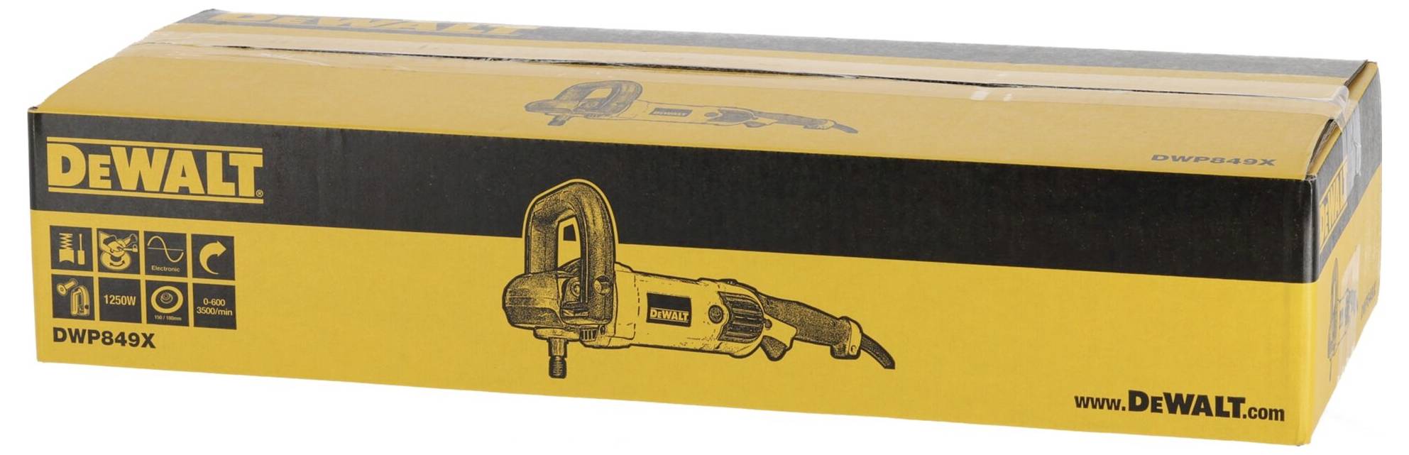 Žlutý obal leštičky DeWalt DWP849X, boční pohled na nástroj. Obsahuje symboly funkcí a vlastností.