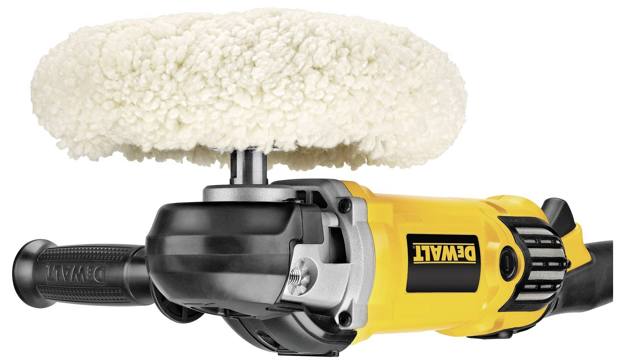 Žluto-černá elektrická leštička s velkým kulatým vlněným leštícím kotoučem, vhodná pro povrchovou úpravu.