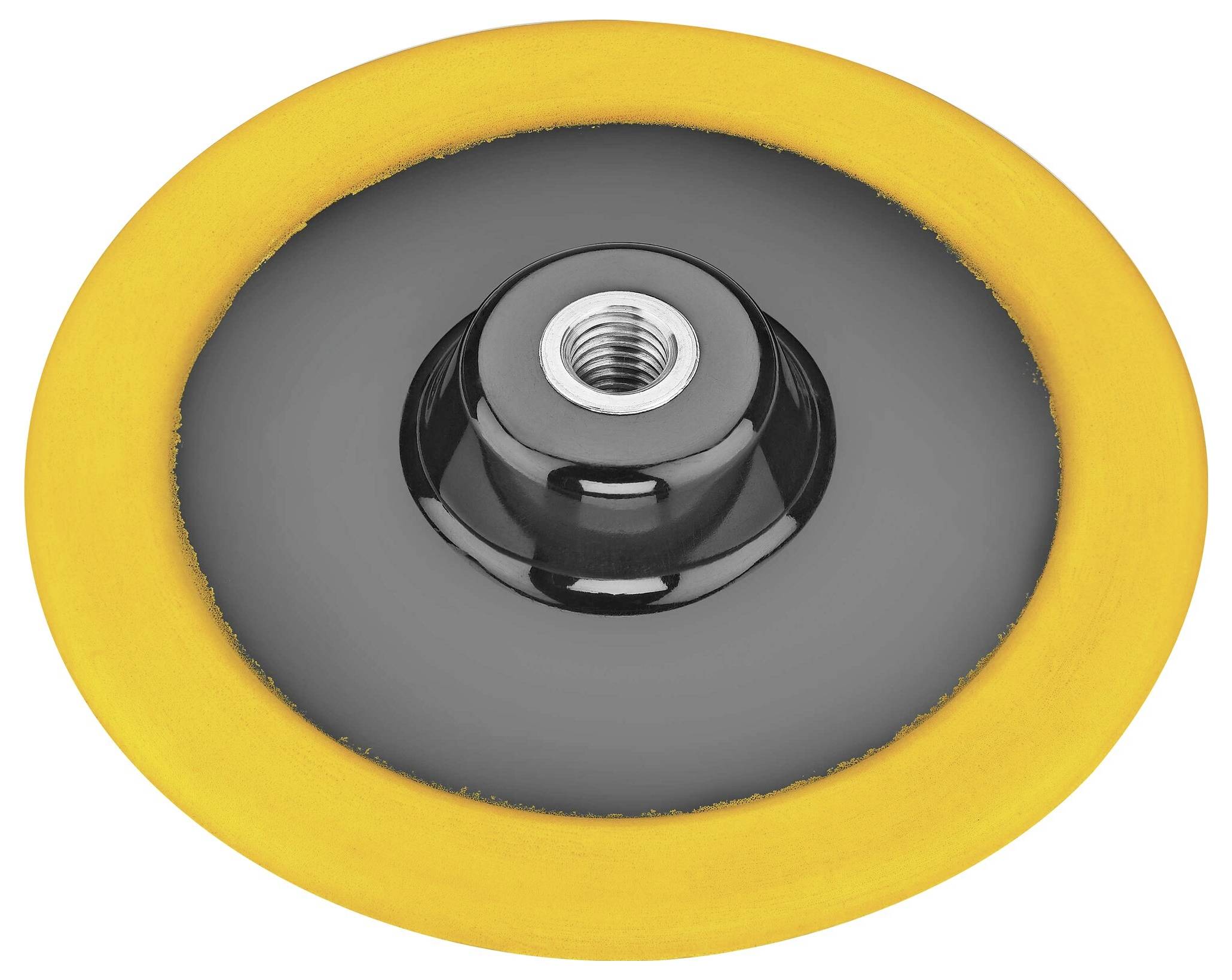 Leštící talíř se žlutým okrajem a černým povrchem, vhodný pro upevnění na leštičku určenou pro péči o automobily.