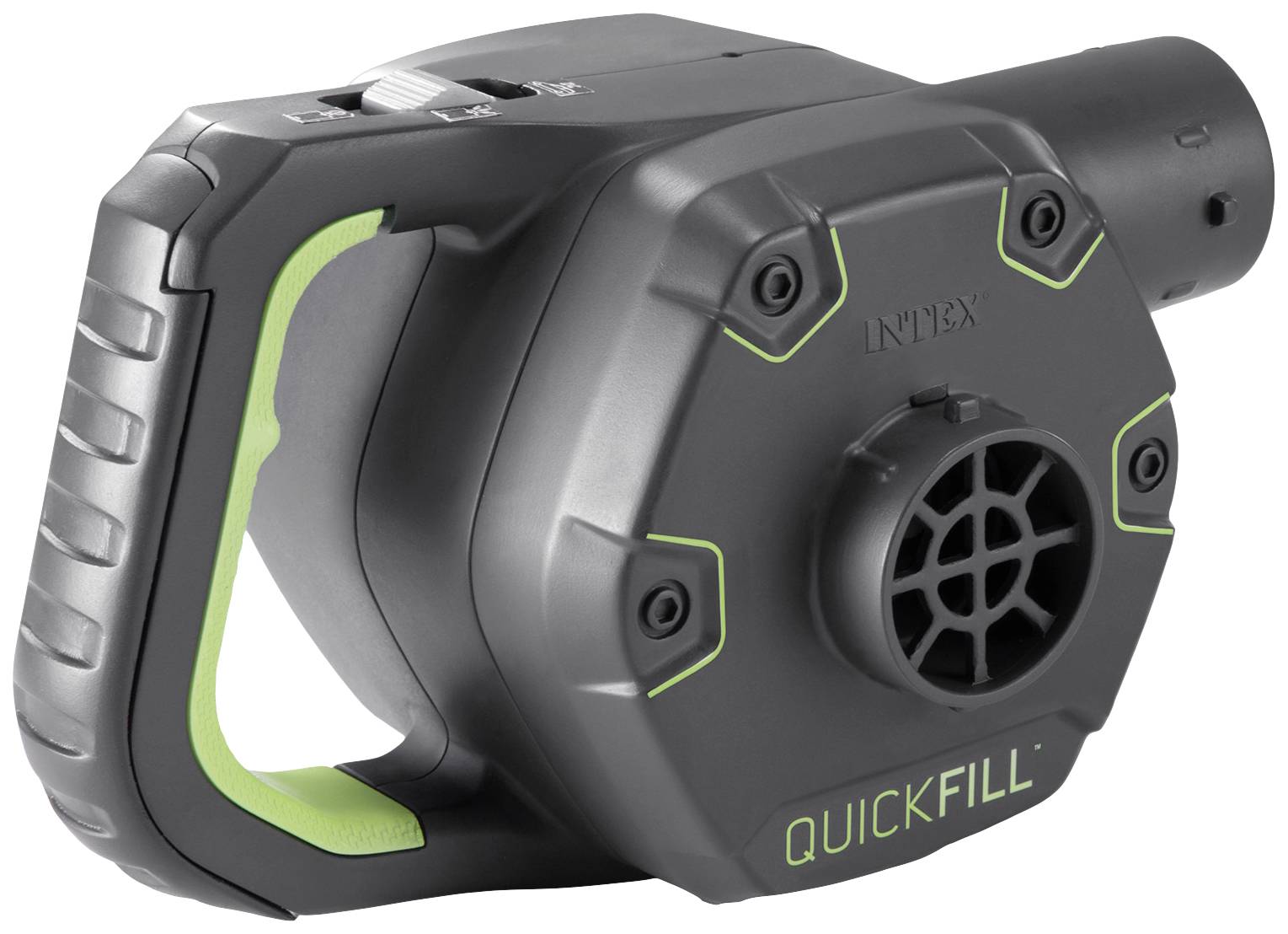 Přenosná elektrická pumpa 'QuickFill' v černé barvě se zelenou rukojetí od značky Intex. Vhodná pro rychlé nafukování předmětů.