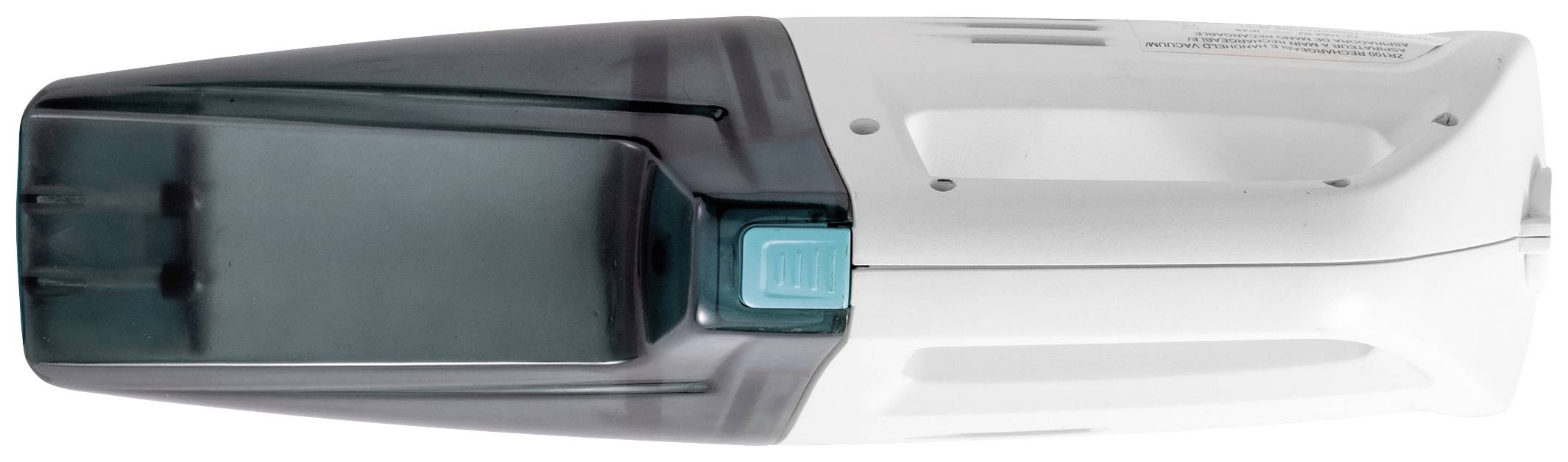 Ruční vysavač v bočním pohledu, ukazuje kompaktní bezdrátový design s šedou nádobkou na prach a modrou aktivační páčkou.