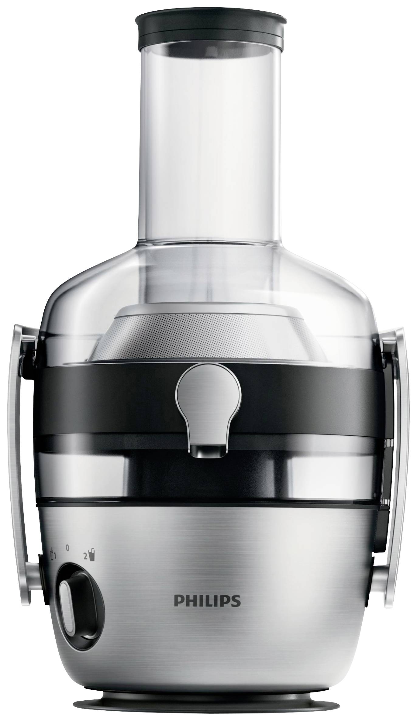 Odšťavňovač z nerezové oceli a plastu, značky Philips, s velkým plnicím otvorem a stříbrným tělem. Ideální pro přípravu šťáv.