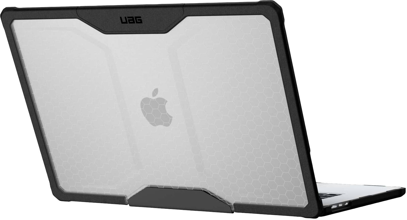 Notebook s černým ochranným pouzdrem, lehce otevřené. Uprostřed je viditelné logo Apple.