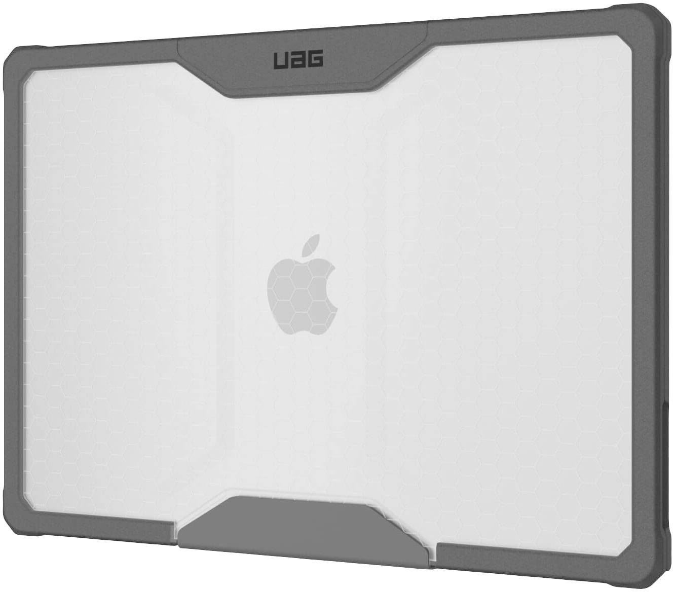Ochranný kryt pro zařízení Apple, šedý s logem. Obdélníkový tvar, strukturovaný vzor, odolný design pro ochranu před nárazy.