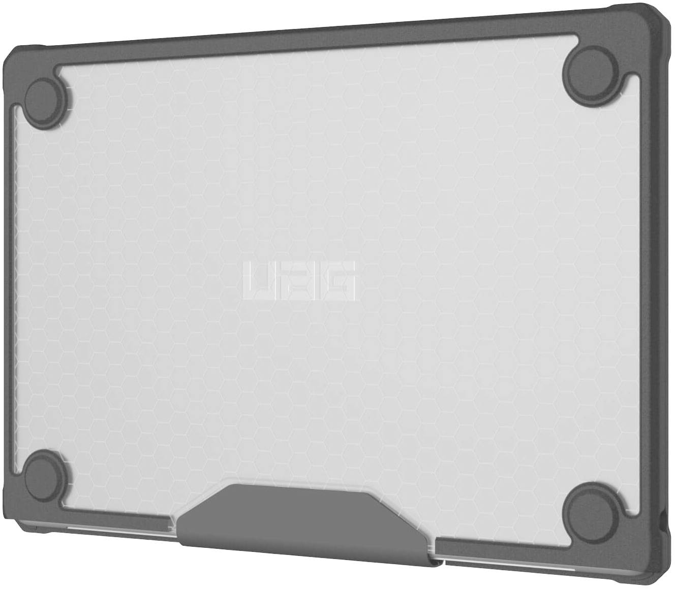 Ochranný kryt na laptopy, šedý a průhledný, s vyztuženými rohy a designem včelí mřížky; poskytuje ochranu před nárazy.