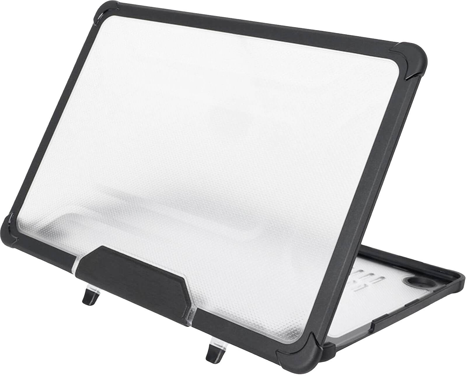 Stojan na notebook v černém a průhledném designu, který je zvýšený pro ergonomickou práci a poskytuje stabilní základnu.