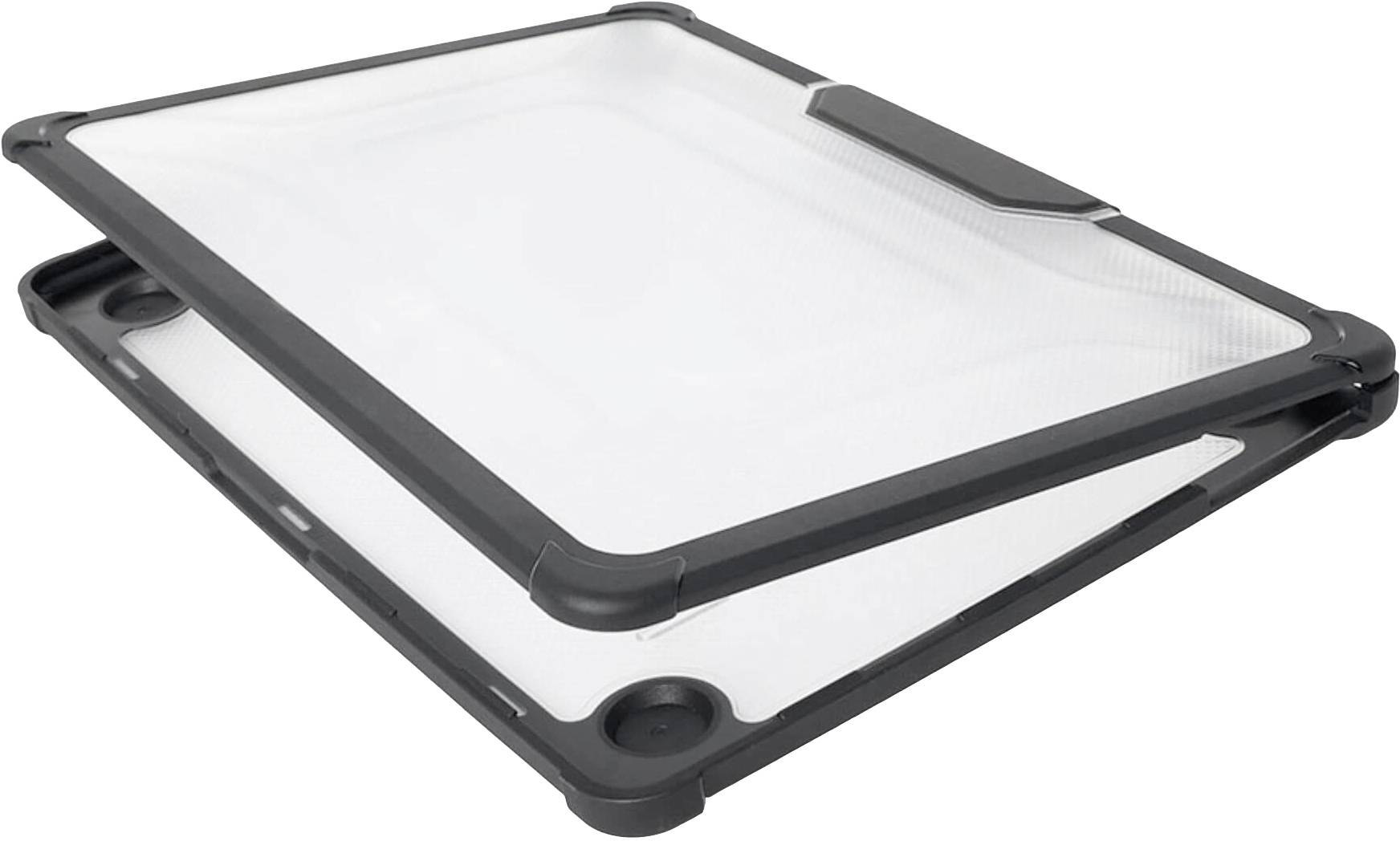 Ochranný kryt na tablet, černošedý rámeček, průhledný zadní díl, kompatibilní s modely iPad, chrání před škrábanci a nárazy.