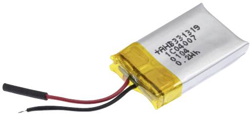 Malý obdélníkový lithium-polymerový akumulátor s žlutou izolací a dvěma volně vedenými vodiči, černým a červeným.