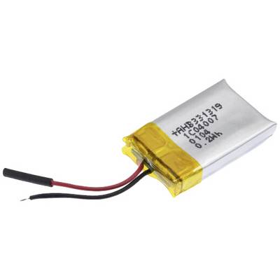 Malý obdélníkový lithium-polymerový akumulátor s žlutou izolací a dvěma volně vedenými vodiči, černým a červeným.