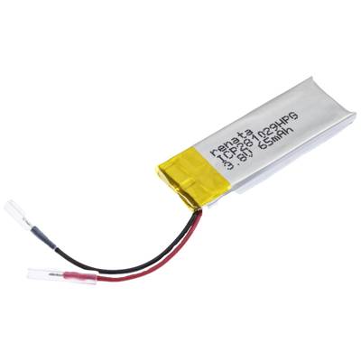 Lithium-polymerová baterie s červeným a černým kabelem. Kapacita: 65 mAh, napětí: 3,8 V. Vhodná pro malá elektronická zařízení.