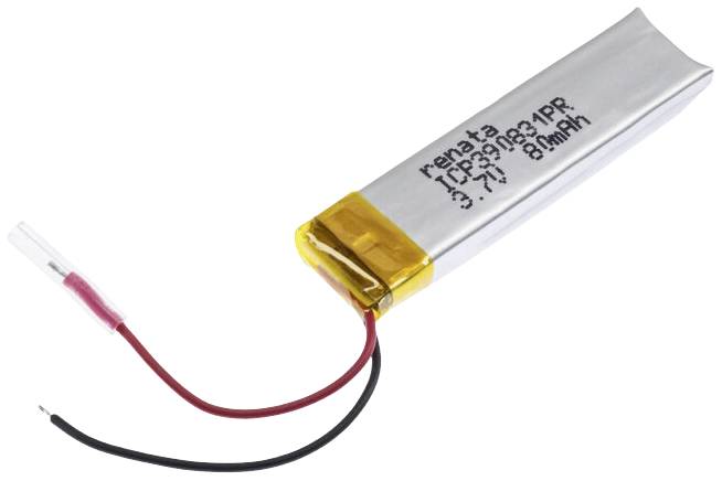Úzký, obdélníkový lithium-polymerový akumulátor s kabely na jednom konci. Kapacita: 8mAh, napětí: 3,7V, značka: Renata.