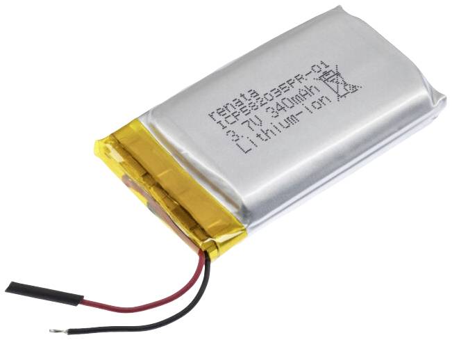 Stříbrný lithium-iontový akumulátor s červenými a černými připojovacími vodiči. Text na akumulátoru uvádí napětí a kapacitu: 3,7V, 300mAh.