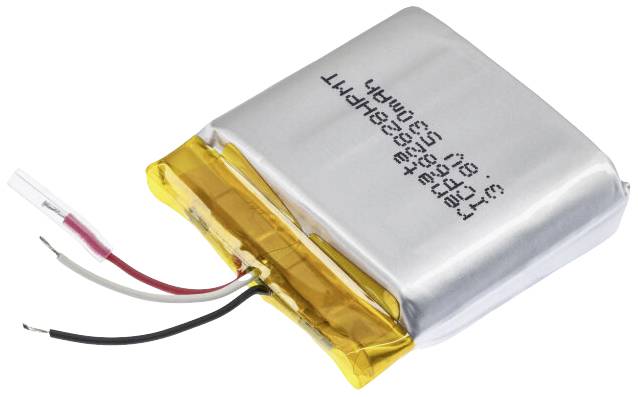 Plochá obdélníková lithium-polymerová baterie se žlutou lepicí páskou a třemi vodiči (červený, černý, bílý) na jedné straně.