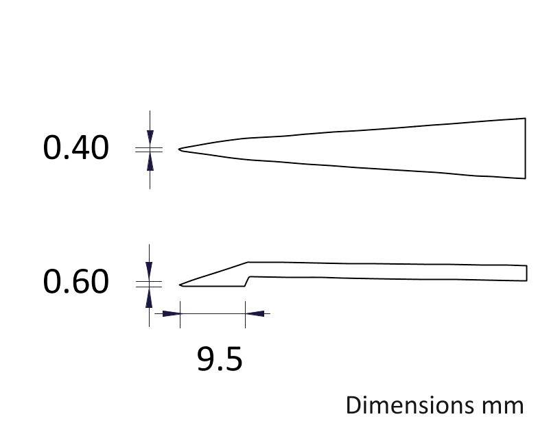 Diagram zobrazuje dva pájecí hroty z bočního pohledu s rozměry. Nahoře: zužující se do špičky o šířce 0,40 mm. Dole: zahnutý s roztečí 9,5 mm a šířkou 0,60 mm.