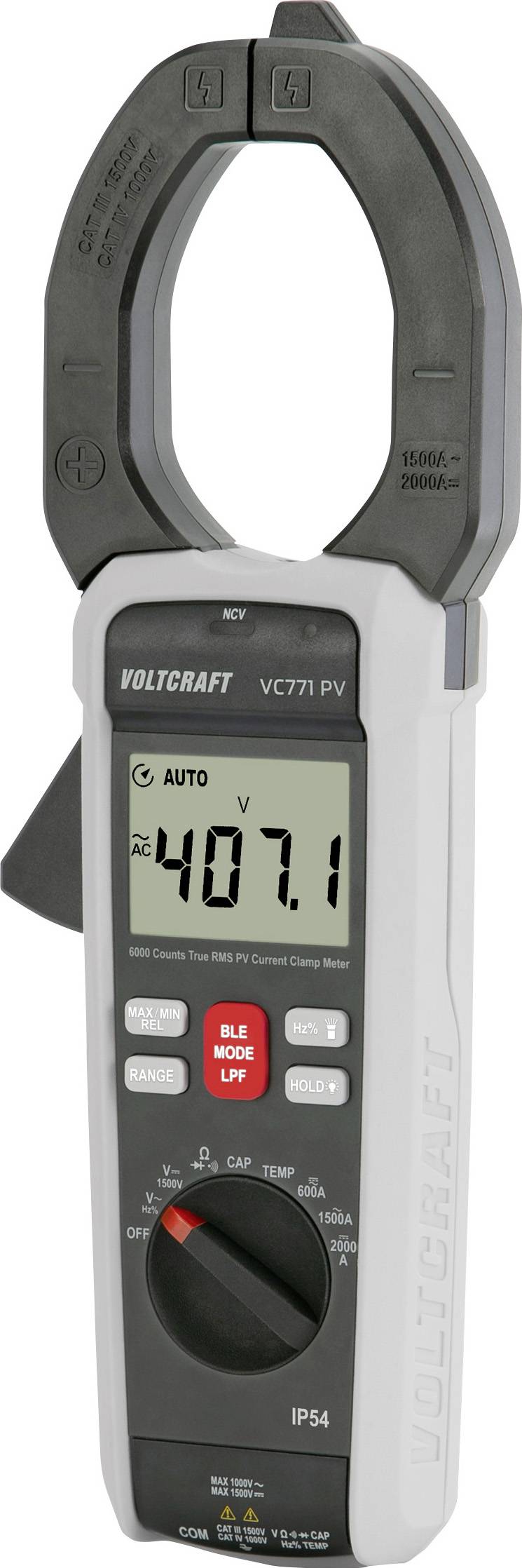 Digitální multimetr s klešťovým měřením zobrazující na LCD displeji hodnotu '407,1', vybavený otočným voličem a funkčními tlačítky pro různé měřicí úkony.