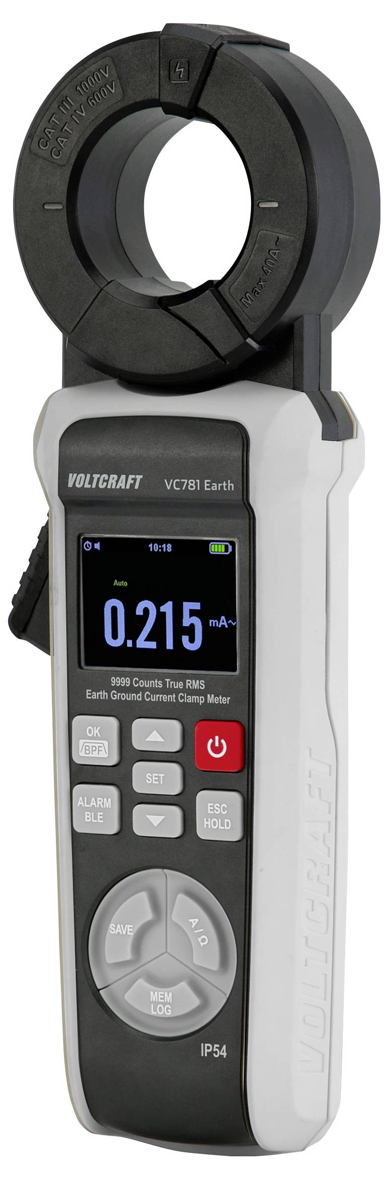 Měřicí klešťový přístroj VOLTCRAFT VC731 Earth zobrazující na displeji hodnotu '0.215'. Mezi funkce patří tlačítka napájení, ukládání a podržení, s krytím IP54.