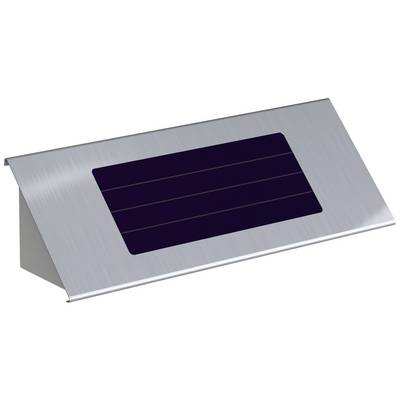 Stříbrné LED schodové osvětlení se zabudovaným solárním panelem, vhodné do exteriéru.