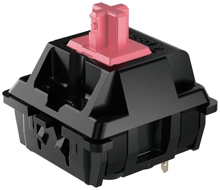 Černý klávesový spínač s červeným aktivačním kolíkem, často používaný v mechanických klávesnicích.