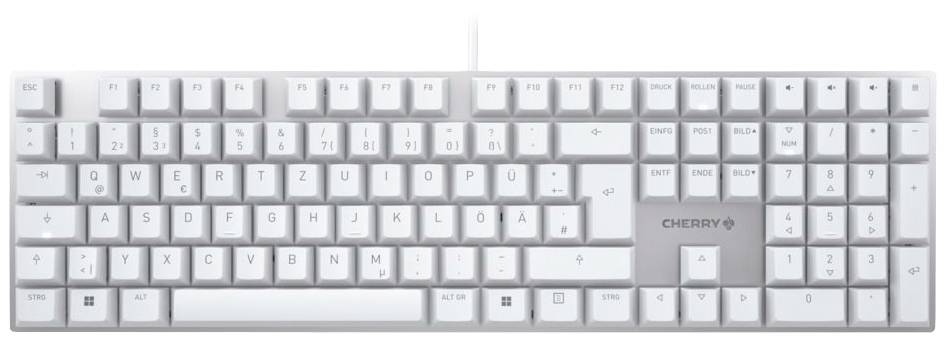 Bílá klávesnice QWERTZ pohledem shora, všechny klávesy a logo CHERRY jsou viditelné.