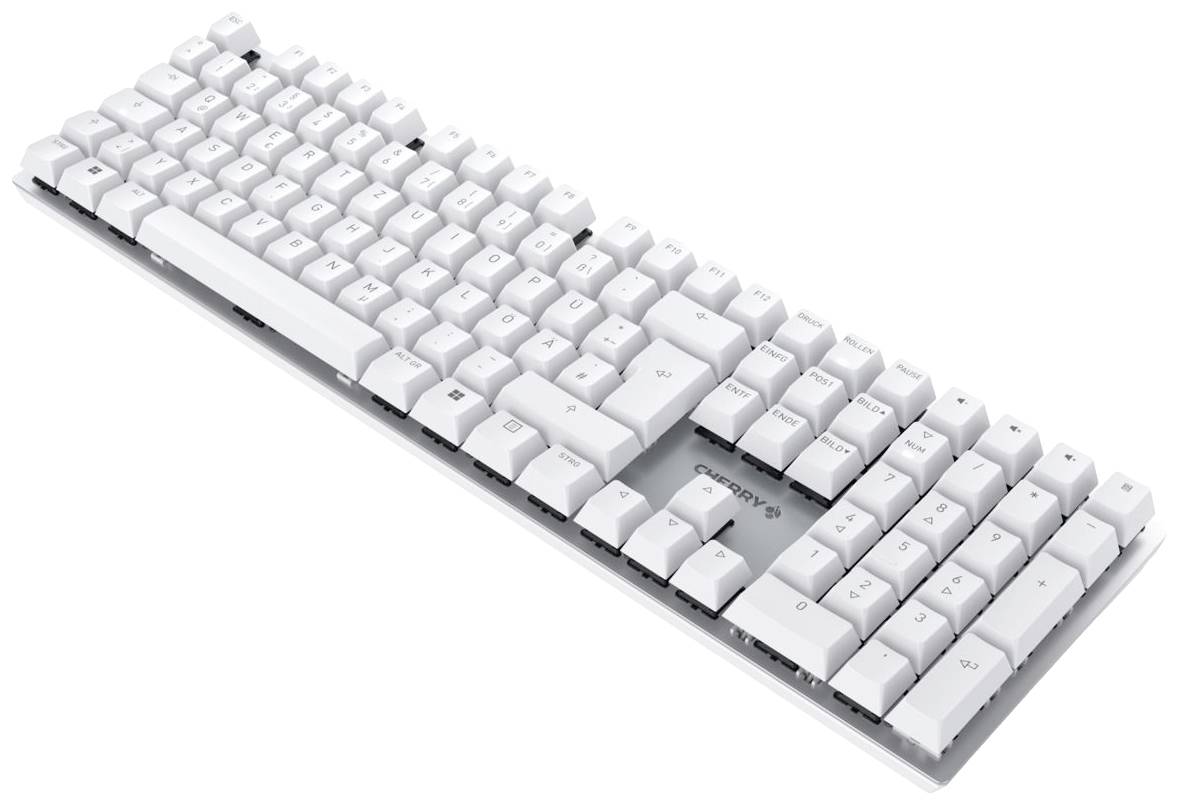 Bílá mechanická klávesnice s německým rozložením QWERTZ, štíhlý design, podsvícené klávesy. Vhodná pro ergonomické psaní.