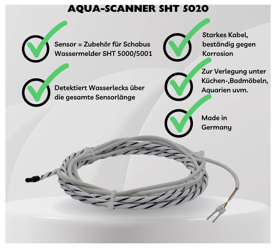 'Aqua-Scanner SHT 5020' kabel s popisem kontrolního seznamu: kompatibilní s vodním detektorem Schabus, detekuje úniky vody, odolný vůči korozi, vhodný do kuchyně a koupelny, vyrobeno v Německu.