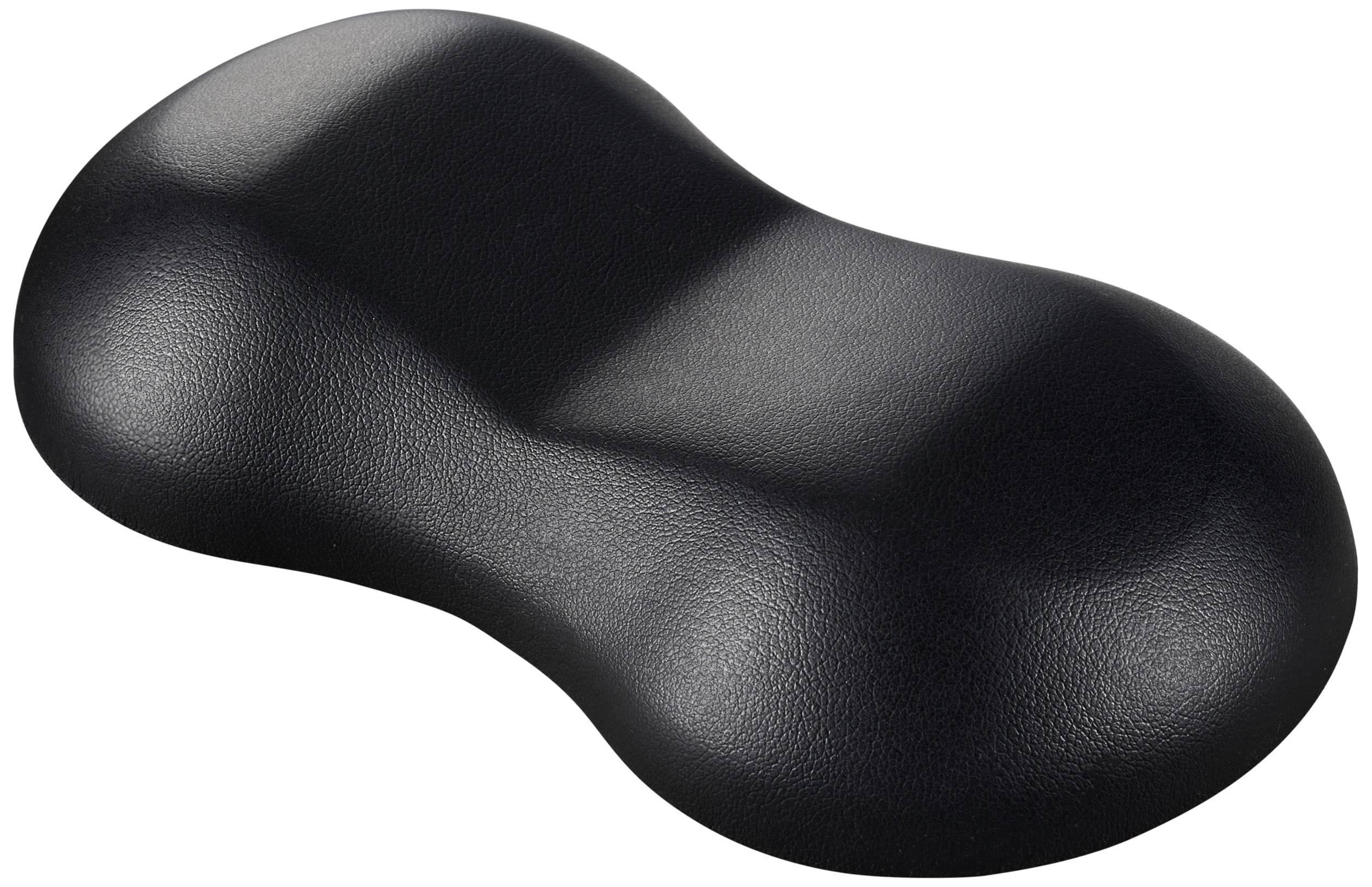 Černý ergonomicky tvarovaný zápěstní support s vlnitým povrchem, který napomáhá při používání počítačové myši.