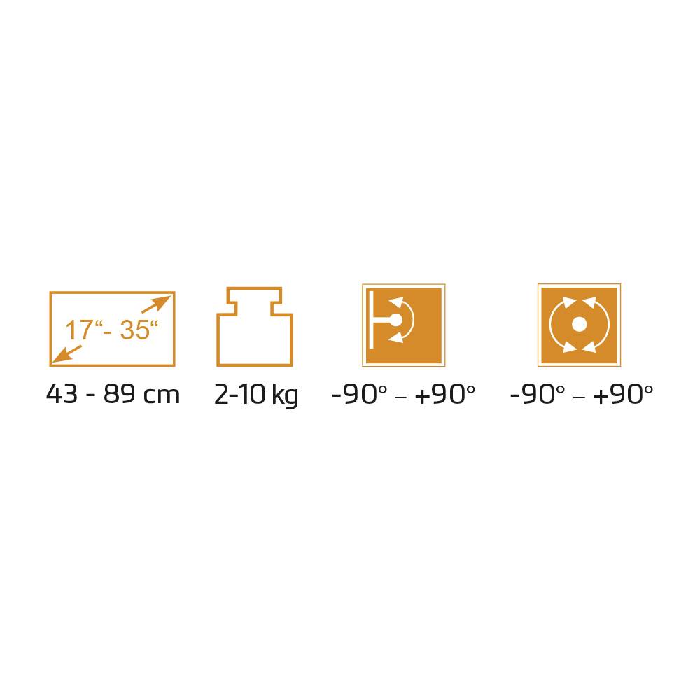 Čtyři symboly ukazují: velikost obrazovky 43-89 cm, hmotnost 2-10 kg, náklon -90° až +90°, otočení -90° až +90°.