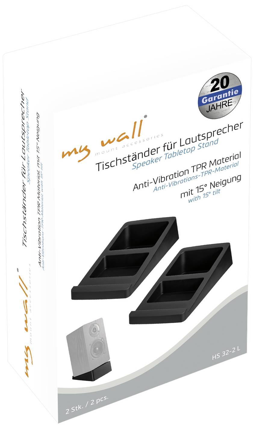 Balení stolního stojanu na reproduktory od firmy 'my wall', vyrobeného z materiálu tlumícího vibrace, nabízí 15° náklon a 20letou záruku.