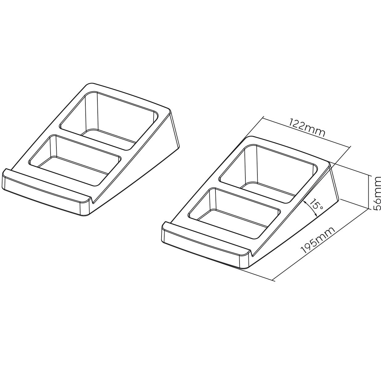 Technický výkres dvou vedle sebe umístěných mís s rozměry: 195 mm x 122 mm, výška 56 mm, úhel sklonu 15°.