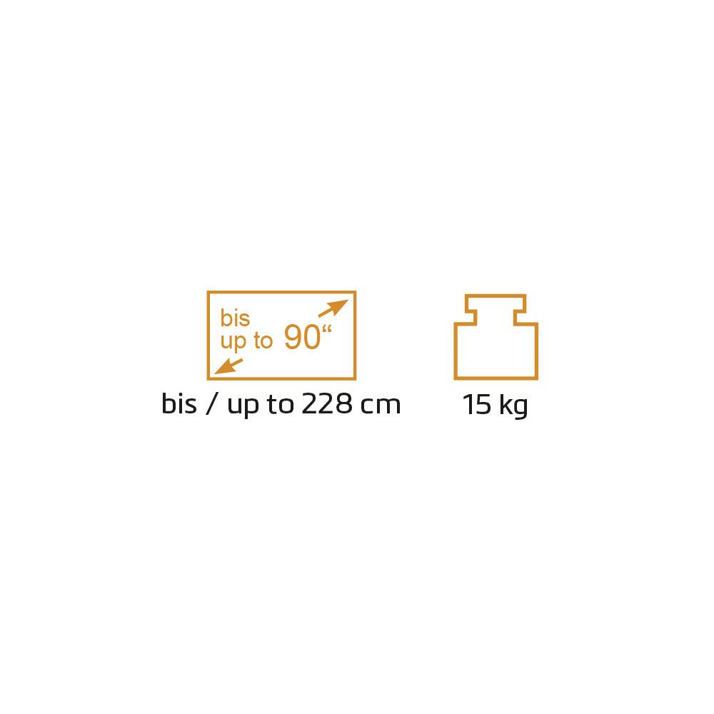 Symbolický diagram ukazuje velikosti obrázků až do 228 cm (90 palců) s hmotnostním omezením 15 kg.