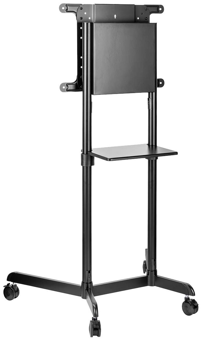 Černý mobilní stojan na TV s čtyřmi kolečky a odkládací plochou, vhodný pro umístění televizoru nebo monitoru.
