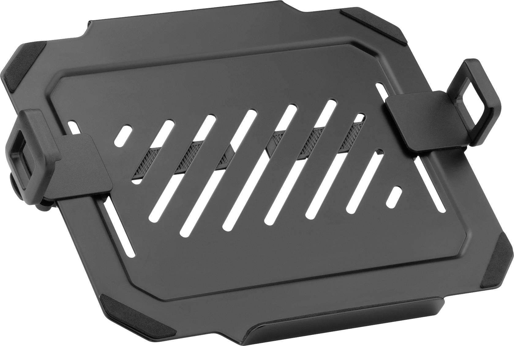 Černý stojan na notebook s větraným designem a protiskluzovými rohy pro stabilizaci.