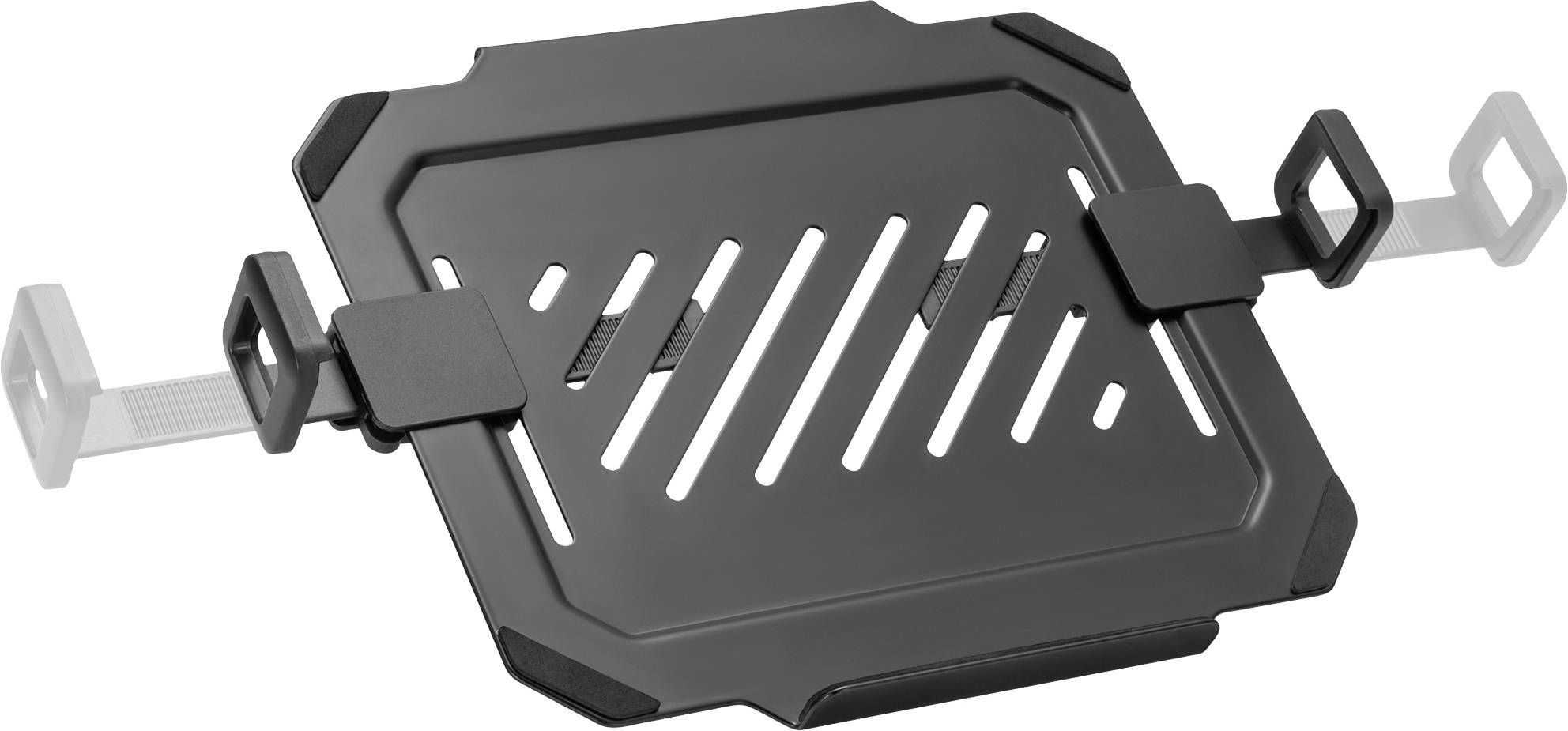 Černý stojan na notebook s nastavitelnými opěrkami a větracími otvory pro zlepšení cirkulace vzduchu a stability.