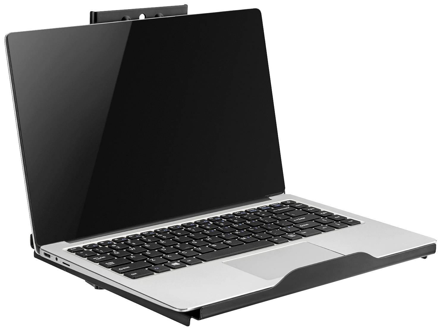 Stříbrný laptop s černou obrazovkou a klávesnicí, otevřený z bočního pohledu. Za laptopem se nachází držák.
