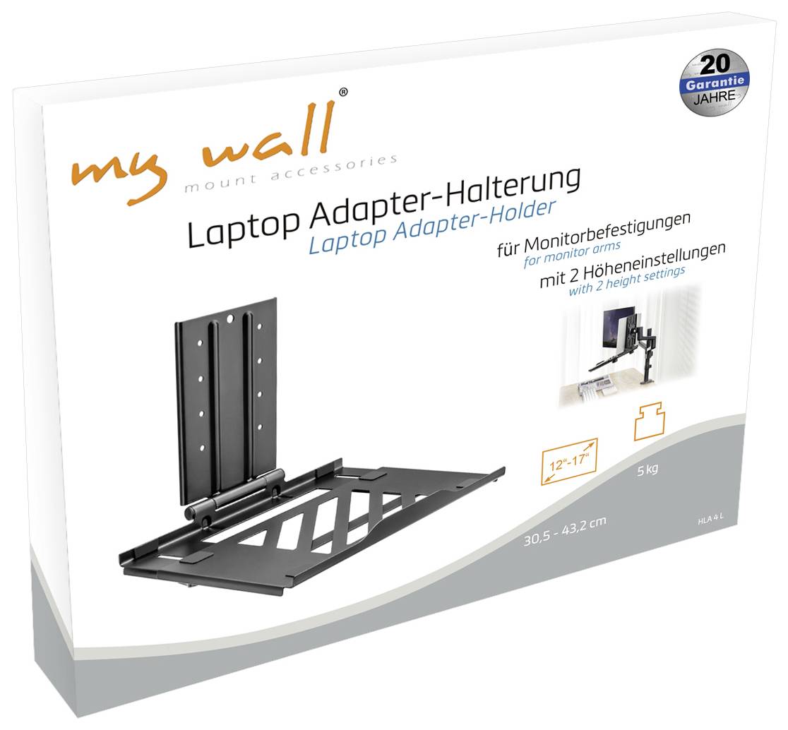 Obal na "Držák adaptéru pro notebook" ukazuje držák pro monitorové rameno, se 2 nastaveními výšky a kompatibilní s notebooky o velikosti 12"-17".