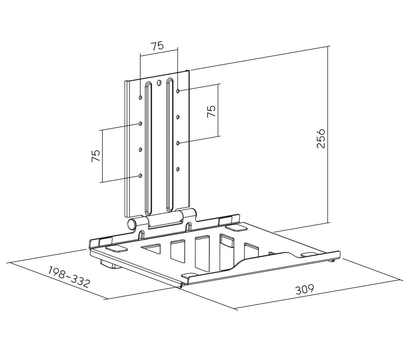 Technický výkres nastavitelného kovového úhelníku. Nahoře: 75x75 mm. Strana: 256 mm. Spodní část: prodloužitelná 198-332 mm, šířka: 309 mm.