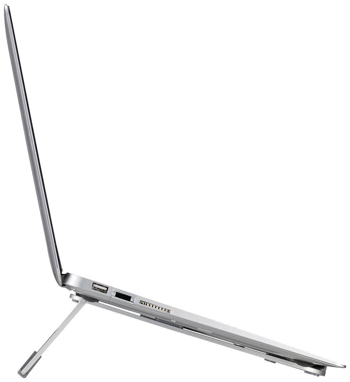 Notebook v bočním pohledu s elegantním designem, otevřeným displejem a vysunutou podpěrou vlevo, ukazuje přípojná místa po straně.