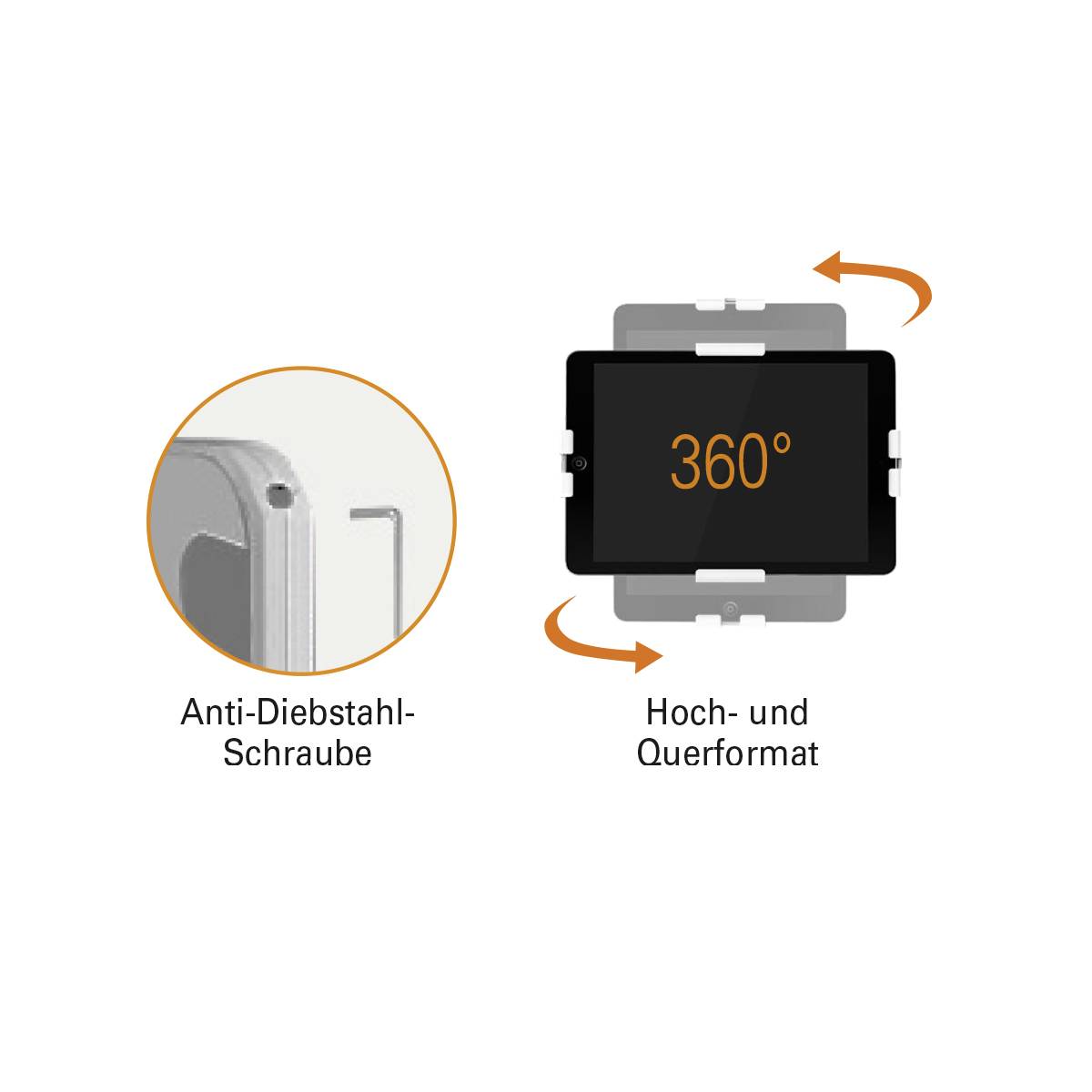 Diagram znázorňuje systém držáku tabletu. Vlevo je protikrádežový šroub, vpravo tablet, který je otočný o 360 stupňů.