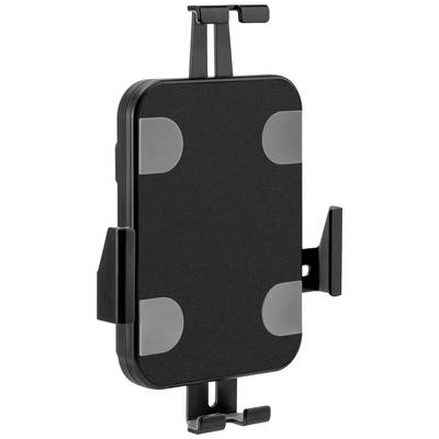 Černý držák na smartphone s nastavitelnými bočními rameny a hákem pro upevnění do ventilačních otvorů v autě.