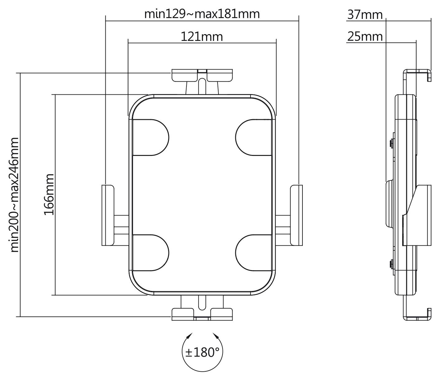 Technický výkres obdélníkového držáku s rozměry; šířka 121 mm, výškově nastavitelný 200-246 mm, rotace ±180 stupňů.