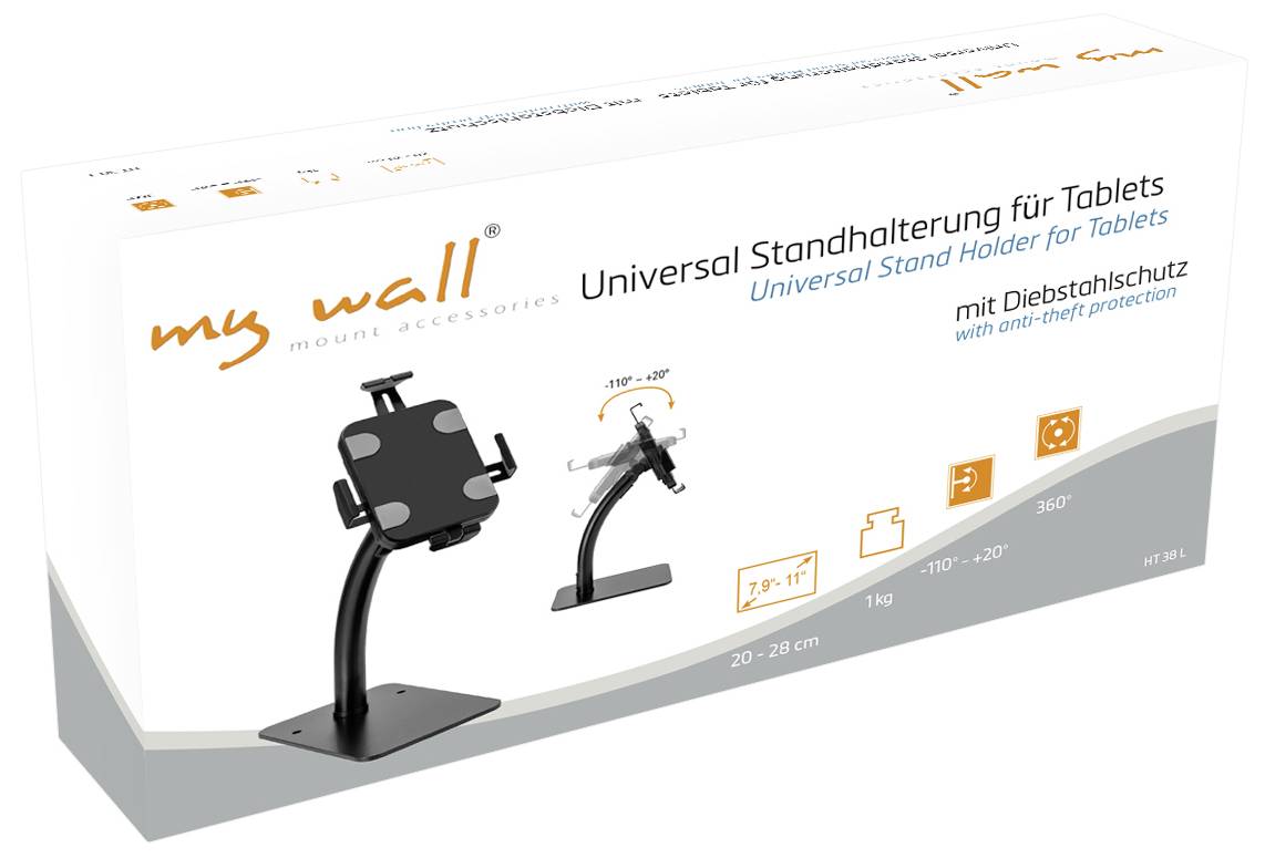 Balení univerzálního stojanu pro tablety s ochranou proti krádeži. Obsahuje obrázky a specifikace produktu.