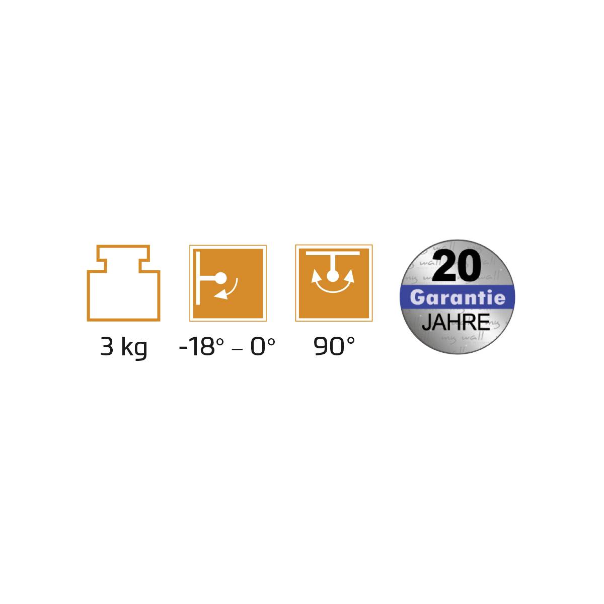 Symboly ukazují: Maximální hmotnost 3 kg, teplotní odolnost od -18 do 0 stupňů, otočitelné až do 90 stupňů. Záruční pečeť '20 let'.