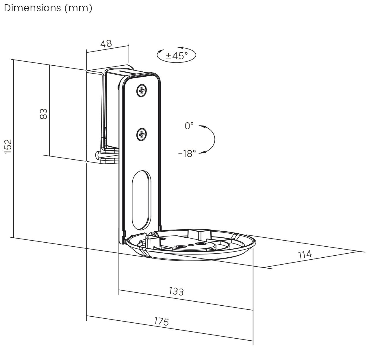 Technický výkres držáku s nastavitelnými úhly: ±45°, 0° až -18°. Rozměry: 152 mm výška, 175 mm šířka.