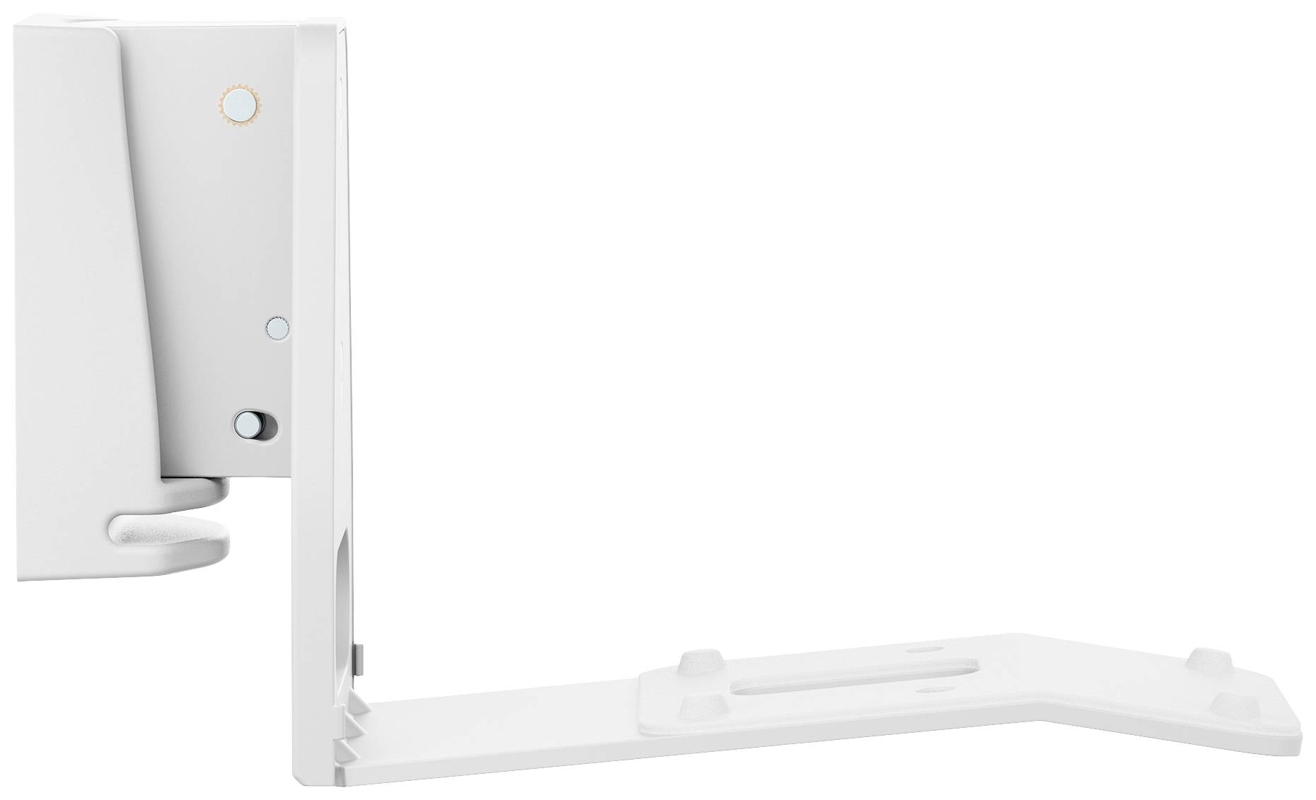 Bílý samolepicí držák TV pro nástěnnou montáž, pohled z boku. Zobrazuje jednoduché designové řešení a mechanismus instalace.